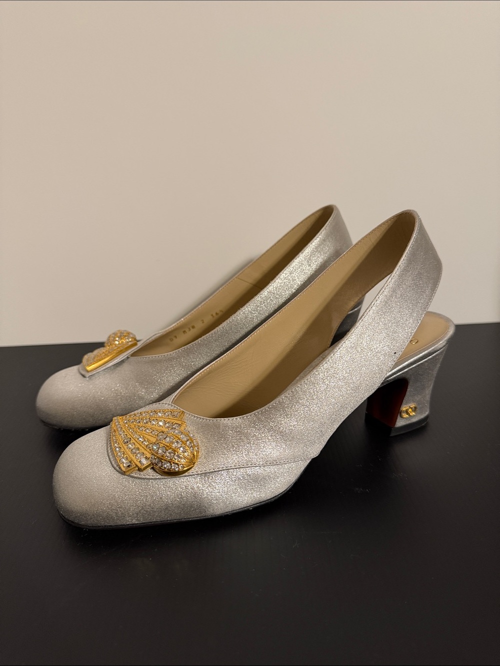 Valentino Silver Glitter Slingback Heels with Gold Crystal Shell